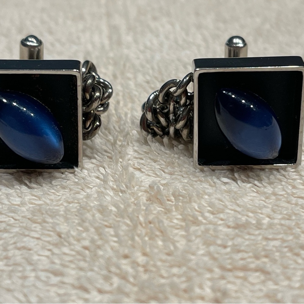 Vintage Men's Cuff Links Silver Tone Blue Stone